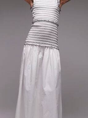 TopShop Sleeveless Contrast Stitch Shirred Cotton White Dress Sz 14 Preloved